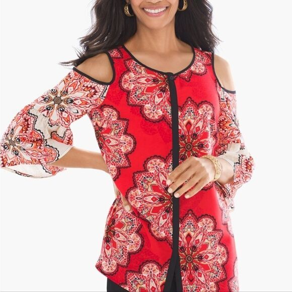 Chico's beautiful vibrant cold shoulder bell sleeves top - Picture 1 of 9